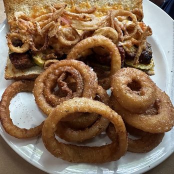 Wicks Park Bar & Grill - Burnt Ends Hoagie with Onion rings - Bars Near Me - Saugatuck, Michigan Wicks Park Bar & Grill - Burnt Ends Hoagie with Onion rings - Bars Near Me - Saugatuck, Michigan