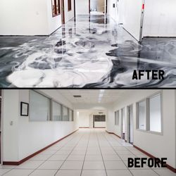 Coveted Coatings - Before and after of custom metalic epoxy floor over tile.