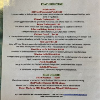 Harvest African Market - One side of menu - Grocery Near Me - Coon Rapids, Minnesota Harvest African Market - One side of menu - Grocery Near Me - Coon Rapids, Minnesota