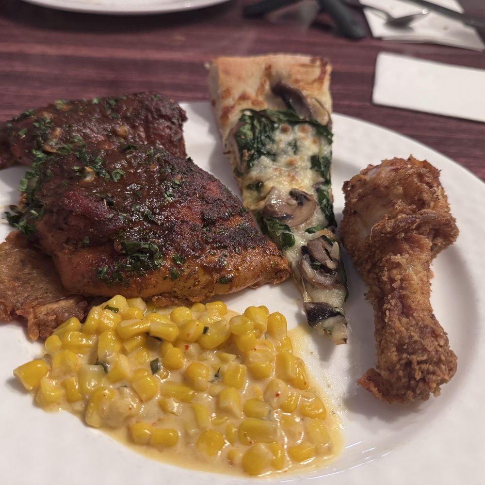 Borgata Buffet - Birria chicken, mushroom spinach pizza, fried chicken leg and Mexican street corn - Buffets Near Me - Atlantic City, New Jersey Borgata Buffet - Birria chicken, mushroom spinach pizza, fried chicken leg and Mexican street corn - Buffets Near Me - Atlantic City, New Jersey