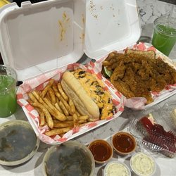 Fawzi Eatz - Incredible Hulk drinks (yum!), greens, Fawzi Philly, Fried Fish and cheesecake
