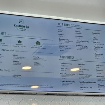 Qamaria Coffee - Drinks menu. 11/17/2024 - Coffee & Tea Near Me - Fullerton, California