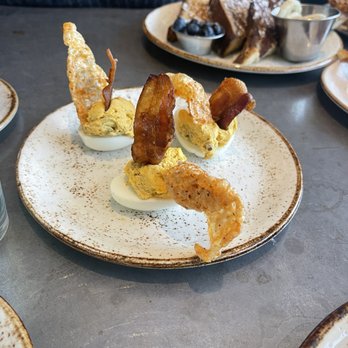 State Fare Kitchen & Bar - Griddled Ham Deviled Eggs and Pimento Cheese - New American Near Me - Houston, Texas