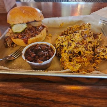 Fatty's Pub and Grille - BBQ pulled pork sandwich, baked beans, cajin potatoe salad. - Sports Bars Near Me - DeKalb, Illinois