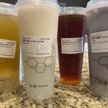DIY Tea Lab - Newcastle - Lychee Green Tea, Lovely Lychee Smoothie, Life is Peachy?? shaken I think:(, And Taro Lover Milk Tea - Bubble Tea Near Me - Newcastle, Washington