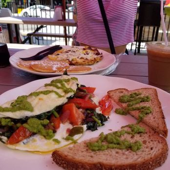 Heat Da Spot - Vegetable omelet with their house spicy spread (I think it's jalapeño), and pancakes with egg, bacon and cheese. - Coffee & Tea Near Me - Washington, DC, District of Columbia