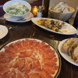 Iberico ham, salad, halibut skewers Iberico ham, salad, halibut skewers