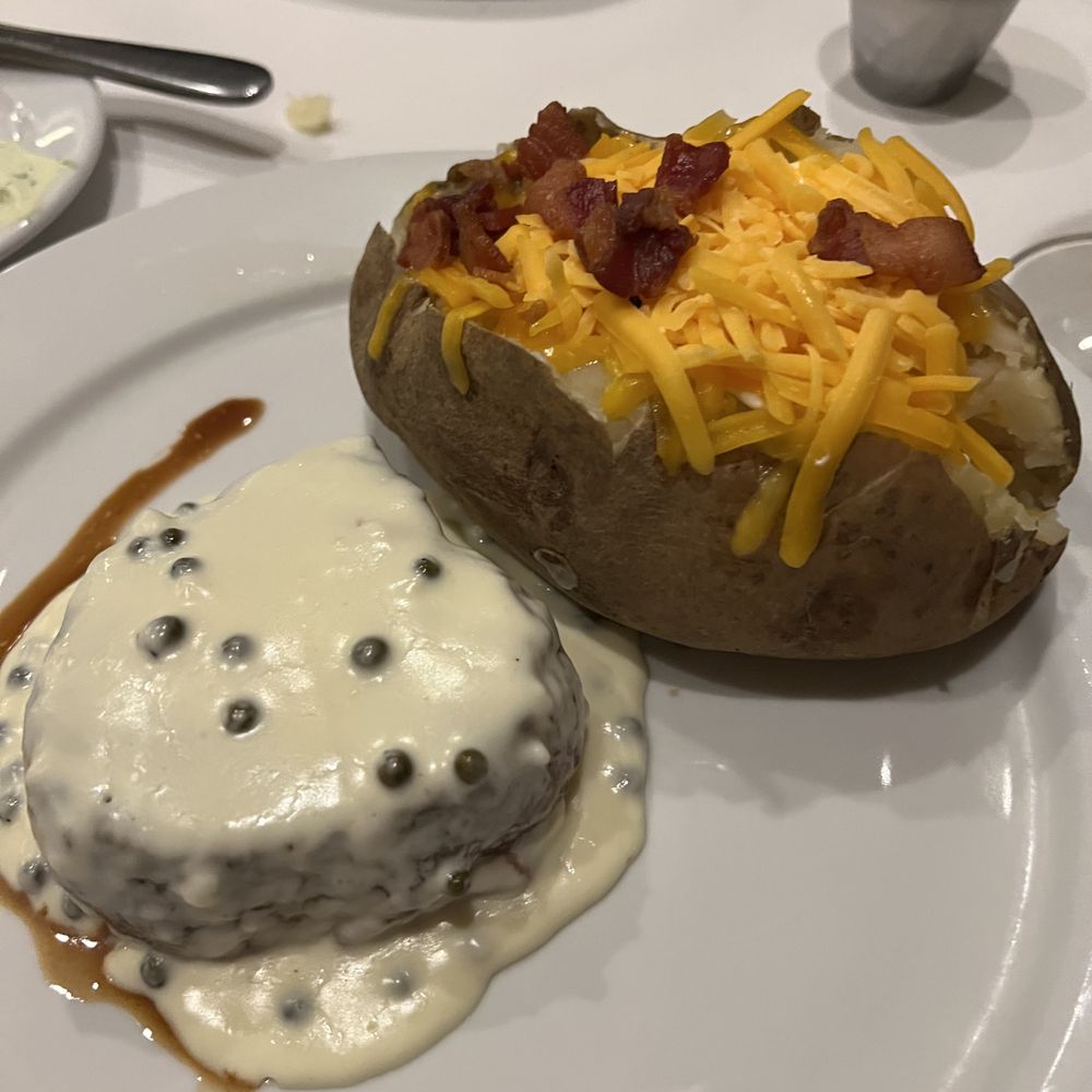 Metro 8 Steakhouse - Filet with peppercorn sauce and baked potato - Steakhouses Near Me - Durham, North Carolina Metro 8 Steakhouse - Filet with peppercorn sauce and baked potato - Steakhouses Near Me - Durham, North Carolina