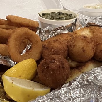 Fish N' Grill - 2 piece Flounder (grilled), onion rings, collard greens and hush puppies. - Seafood Near Me - Fredericksburg, Virginia