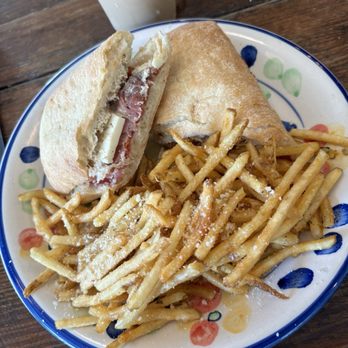 The Vintage - Italian panini with French fries and iced oat milk lavender latte. - Cafes Near Me - Baton Rouge, Louisiana