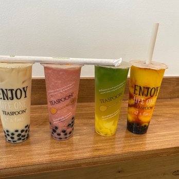 Teaspoon - (Left to right ) Liquid gold, Strawberry Sangria, grasshopper with passion fruit dolphin jellies, and mango Funtime with tangine - Bubble Tea Near Me - San Jose, California Teaspoon - (Left to right ) Liquid gold, Strawberry Sangria, grasshopper with passion fruit dolphin jellies, and mango Funtime with tangine - Bubble Tea Near Me - San Jose, California