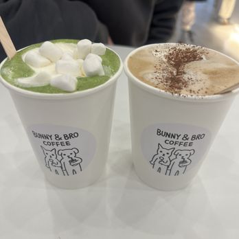 Bunny & Bro Coffee - Marshmallow Snow Matcha (left) & Bro Einspänner Latte (right) - Desserts Near Me - New York, New York