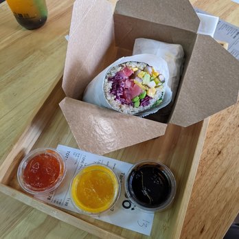 Taichi Bubble Tea - Taichi burrito with three sauces on the sides: chili hot sauce, mango sauce, and eel sauce. - Bubble Tea Near Me - Atlanta, Georgia