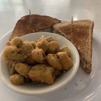 Oscar's Restaurant - Fried okra, chicken salad sandwich on toasted wheat bread. - New American Near Me - Roanoke Rapids, North Carolina Oscar's Restaurant - Fried okra, chicken salad sandwich on toasted wheat bread. - New American Near Me - Roanoke Rapids, North Carolina