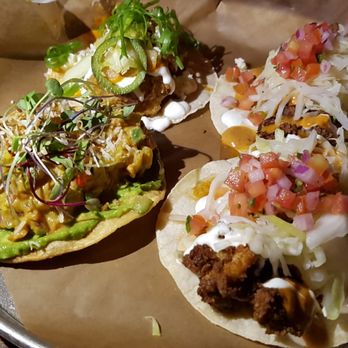 La Carnita - Tuna ceviche tostada, tacos with fried chicken, and fried cauliflower taco - Mexican Near Me - Toronto, Ontario