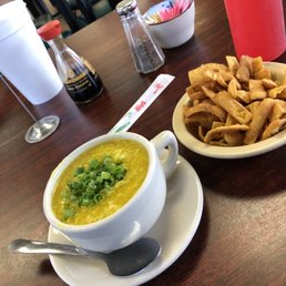 Egg drop soup and crunchy things (I don't know what they are called)