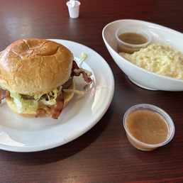 Bacon Cheese Burger (sans cheese) with mashed potatoes and gravy (can't do fries). Bacon Cheese Burger (sans cheese) with mashed potatoes and gravy (can't do fries).