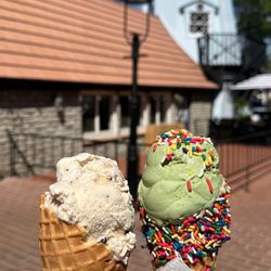 Solvang Trolley Ice Cream Parlor - Green tea ice cream with dipped cone, Cookies and cream with waffle cone