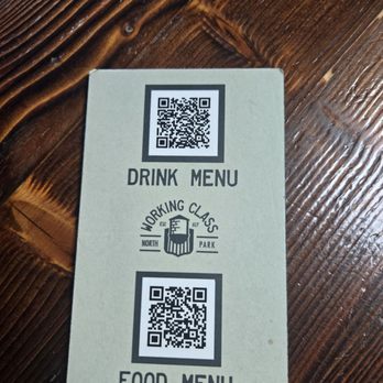 Working Class - How you access the food/drink menu. The card is on the tables - Breakfast & Brunch Near Me - San Diego, California Working Class - How you access the food/drink menu. The card is on the tables - Breakfast & Brunch Near Me - San Diego, California