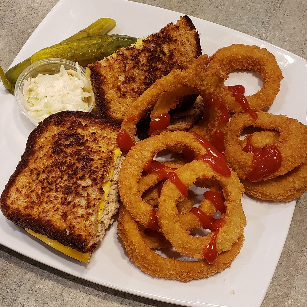 Tuna melt with onion rings nom nom nom Yelp