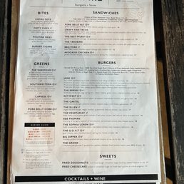 Food Menu - Menu from Empire restaurant in Naperville, IL, displaying sections for bites, sandwiches, greens, burgers, and sweets. Items include Empire Tots, Gronk Burger, The Empire burger, and fried donuts. The menu emphasizes ingredients and options such as certified Angus beef, gluten-free buns, and various toppings. The design is simple with clear categories and item descriptions, including prices and dietary notes.