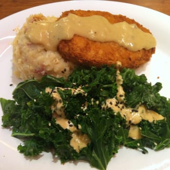 Veggie Grill by Next Level - Crispy 'chikn' with mashed potatoes and mushroom gravy. Steamed kale with sesame dressing. - Vegan Near Me - Seattle, Washington Veggie Grill by Next Level - Crispy 'chikn' with mashed potatoes and mushroom gravy. Steamed kale with sesame dressing. - Vegan Near Me - Seattle, Washington