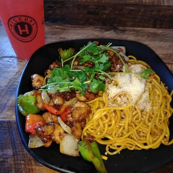 Hiccups Veo Cafe - Chicken w veggies, garlic noodles w parmesan, and strawberry lemonade. - Asian Fusion Near Me - Carson, California Hiccups Veo Cafe - Chicken w veggies, garlic noodles w parmesan, and strawberry lemonade. - Asian Fusion Near Me - Carson, California