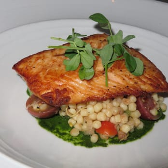 Sorellina - RW SALMON Faroe island, fregola sarda, summer vegetables, salsa verde 8/2013 - Italian Near Me - Boston, Massachusetts