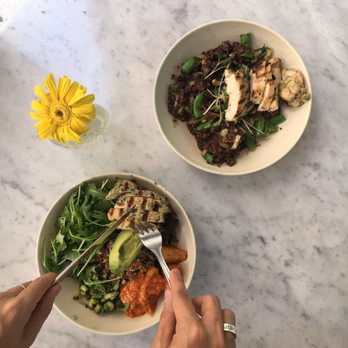 Flower Child - Mother Earth and Thai Cashew Quinoa bowls, both with chicken. Scrumptious! - Salad Near Me - Austin, Texas