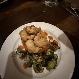 Yellow fin tuna, Brussels sprouts, and oysters.