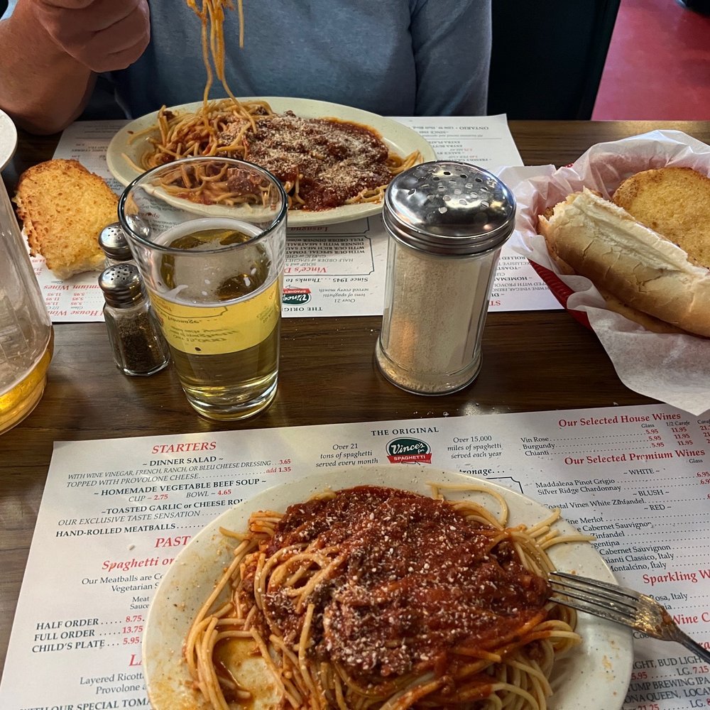 Vince's Spaghetti - Vince's half order meal & Lunch Plate order. Garlic bread & beer. Yum! - Italian Near Me - Ontario, California Vince's Spaghetti - Vince's half order meal & Lunch Plate order. Garlic bread & beer. Yum! - Italian Near Me - Ontario, California