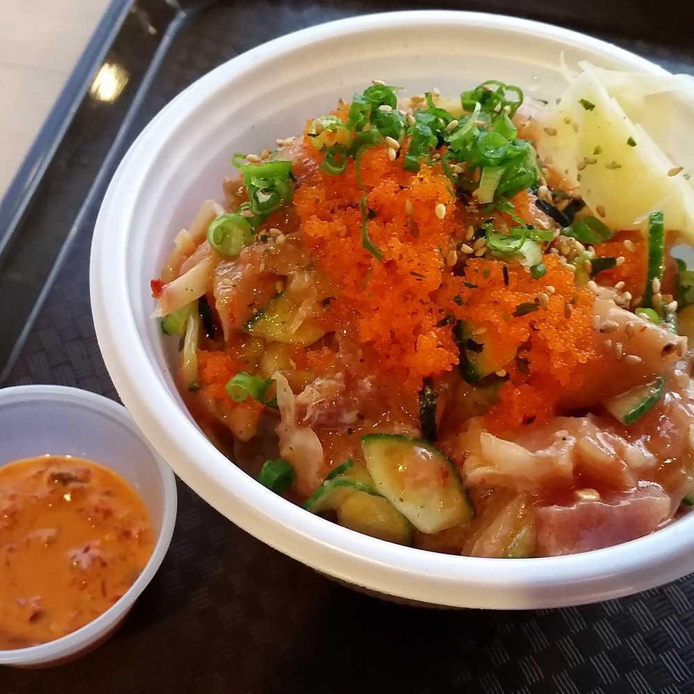 PokiNometry - Medium poke with yellowtail, Salmon, and mashed spicy tuna with dynamite sauce on the side - Japanese Near Me - Anaheim, California PokiNometry - Medium poke with yellowtail, Salmon, and mashed spicy tuna with dynamite sauce on the side - Japanese Near Me - Anaheim, California