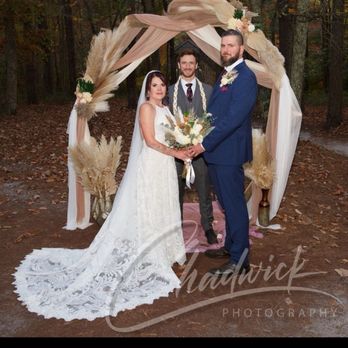 Chadwick Weddings - Bride and Groom with officiant at Wedding Arch - Officiants Near Me Chadwick Weddings - Bride and Groom with officiant at Wedding Arch - Officiants Near Me