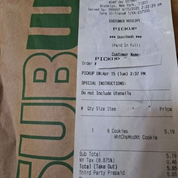 Subway - My receipt - Sandwiches Near Me - Brooklyn, New York