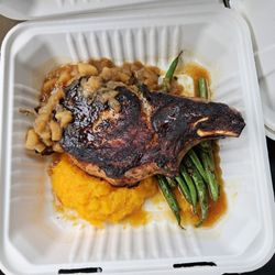 Yolked Farm To Table - Cider Brined Pork Chop with butternut puree and green beans