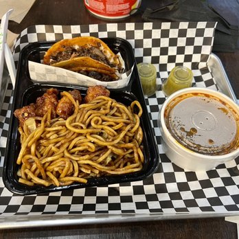 Chino-Mex - Munchies plate with two birria tacos and chow neon and jalapeño chicken - Chinese Near Me - Chandler, Arizona Chino-Mex - Munchies plate with two birria tacos and chow neon and jalapeño chicken - Chinese Near Me - Chandler, Arizona