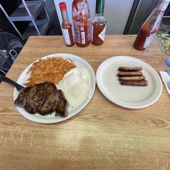 Heart's Coffee Shop - Steak and eggs with hash-browns great quality meat and seasoned and got a side of sausages it was all delicious came out to 23 dollars - Coffee & Tea Near Me - Lake Balboa, California Heart's Coffee Shop - Steak and eggs with hash-browns great quality meat and seasoned and got a side of sausages it was all delicious came out to 23 dollars - Coffee & Tea Near Me - Lake Balboa, California
