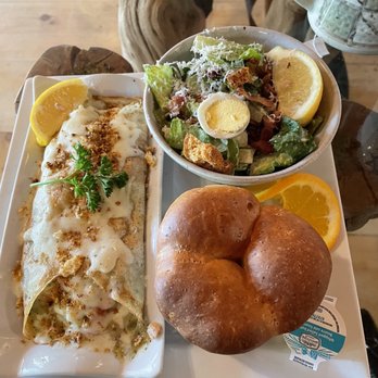 Pinecroft Green Frog Tea Room - Seafood filled crepe, ceaser salad, homemade bread bun - Tea Rooms Near Me - Aylmer, Ontario
