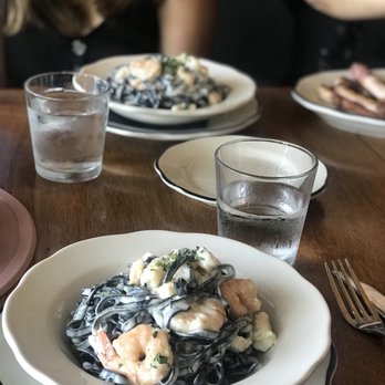 Monello - Cheese wheel special (7/28/18): Squid ink pasta with shrimp - Italian Near Me - San Diego, California Monello - Cheese wheel special (7/28/18): Squid ink pasta with shrimp - Italian Near Me - San Diego, California