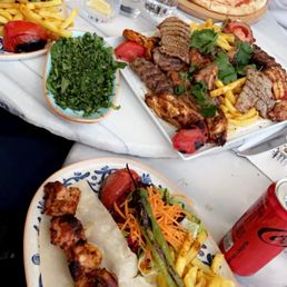 Chicken shish (lower plate) and the large meat sampler option is above it! Chicken shish (lower plate) and the large meat sampler option is above it!