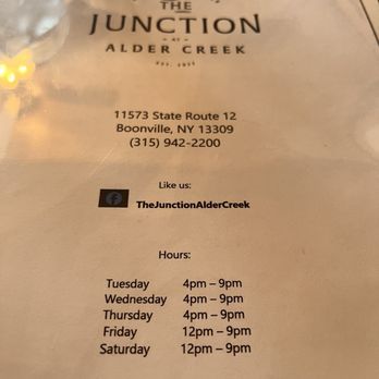 The Junction at Alder Creek - Hours for Summer 2024 - Steakhouses Near Me - Boonville, New York The Junction at Alder Creek - Hours for Summer 2024 - Steakhouses Near Me - Boonville, New York
