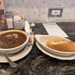 Seafood gumbo with garlic bread Seafood gumbo with garlic bread