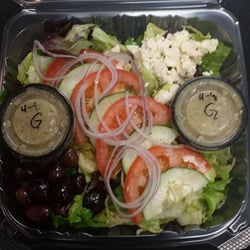 BJ's Deli - Greek salad tomato, cucumber, red onion, Kalamata olives, feta cheese, Greek dressing
