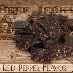 Jerky This - Orville Studley's Red Peppered Flavor Beef Jerky. Sun-dried red chili peppers added gives a spicy hot flavor to the beef jerky.