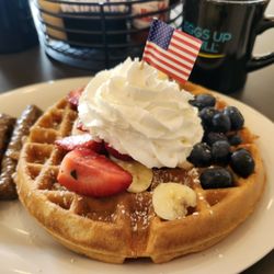 Eggs Up Grill - Red, White and Blue waffle. Looks great and tasted better.