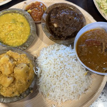 Masala Ferry - Bengali Style Non-Veg Thali: Alu Posto, Sona Moong Daal, Kosha Mutton, Rui Kalia (fish curry) - Indian Near Me - San Ramon, California