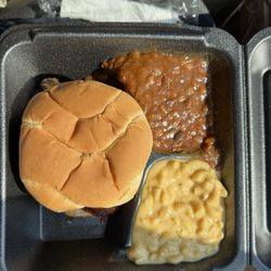 Constant Smoke BBQ - Large pork sandwich, mac and cheese and baked beans. Delicious
