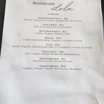Restaurant Lola - Cocktail menu (2/3/24) - New American Near Me - Bremerton, Washington