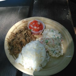 Kauai Abreu Ohana - Kahlua Pork Rice Plate at the 2015 Aloha Festival in San Mateo. Includes rice, macaroni salad and lomi lomi salmon :)