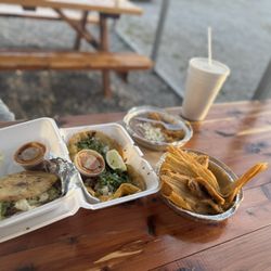 Taqueria Azteca - Left to Right: Al Pastor Gordita, Campechano Tacos, Rice and Beans, Tamales, Horchata